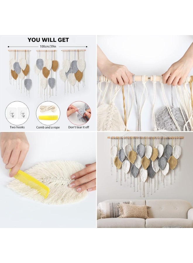 Macrame Boho Tapestry Wall Decor - Leaf Feather Design, Chic Woven Art for Bedroom & Living Room, Beige, Grey, Yellow, 100 - Image 3